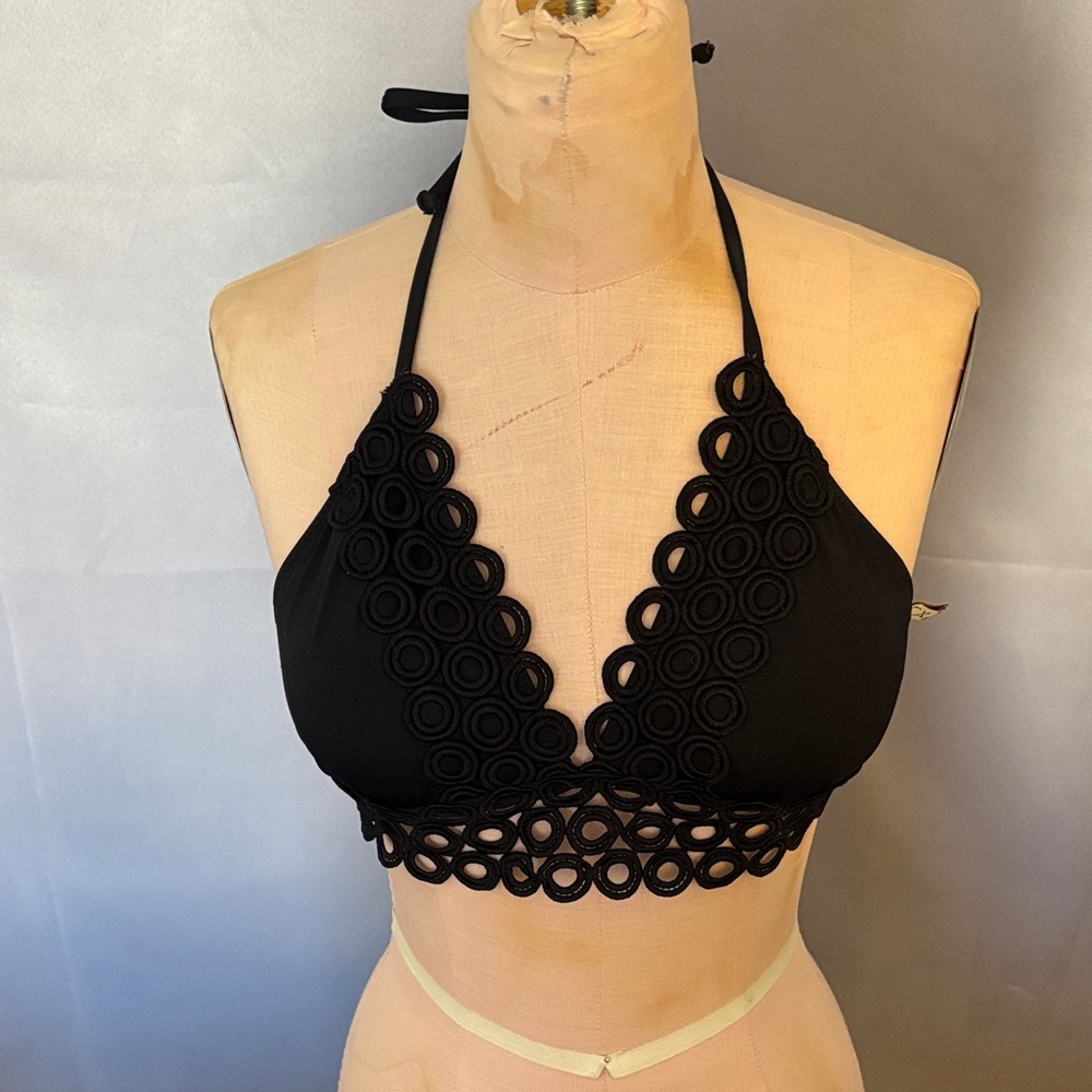 Black Halter Bikini Top with Scalloped Edges